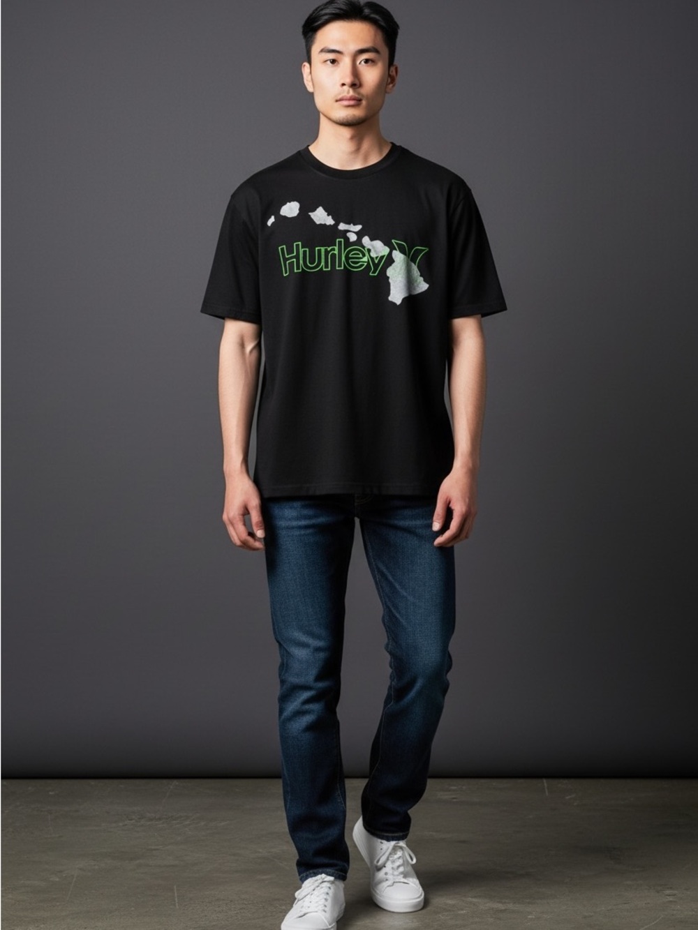 Hurley Men’s Medium Black T-Shirt Hawaiian Islands Map Graphic Tee Cotton
